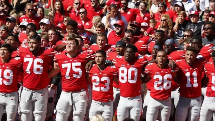 Sep 3, 2016; Columbus, OH, USA; The Ohio State Buckeyes following the game against the Bowling Green Falcons at Ohio Stadium. The Buckeyes won 77-10. Mandatory Credit: Joe Maiorana-USA TODAY Sports