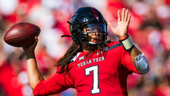 LUBBOCK, TEXAS - OCTOBER 05: Quarterback Jett Duffey #7 of the Texas Tech Red Raiders passes the ball during the first half of the college football game between the Texas Tech Red Raiders and the Oklahoma State Cowboys on October 05, 2019 at Jones AT&T Stadium in Lubbock, Texas. (Photo by John E. Moore III/Getty Images)