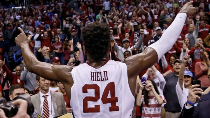 Mar 20, 2016; Oklahoma City, OK, USA; Oklahoma Sooners guard Buddy Hield (24) celebrates with fans after the game against the Virginia Commonwealth Rams in the second round of the 2016 NCAA Tournament at Chesapeake Energy Arena. Mandatory Credit: Kevin Jairaj-USA TODAY Sports