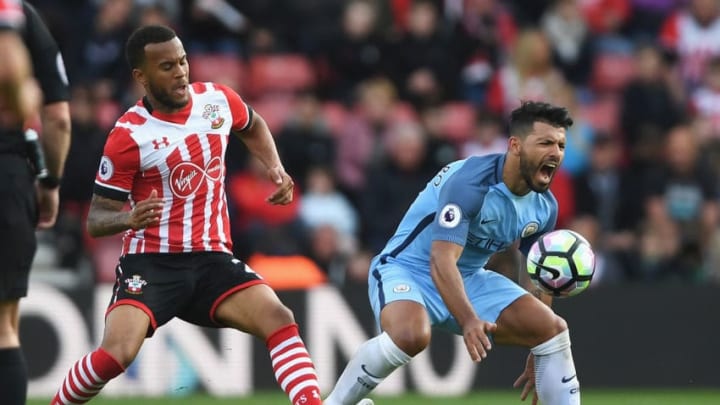 SOUTHAMPTON, ENGLAND - APRIL 15: Ryan Bertrand of Southampton fouls Sergio Aguero of Manchester City during the Premier League match between Southampton and Manchester City at St Mary's Stadium on April 15, 2017 in Southampton, England. (Photo by Mike Hewitt/Getty Images)