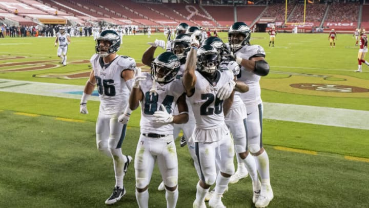 October 4, 2020; Santa Clara, California, USA; Philadelphia Eagles celebrate after wide receiver Travis Fulgham (13) scored a touchdown against the San Francisco 49ers during the fourth quarter at Levi's Stadium. Mandatory Credit: Kyle Terada-USA TODAY Sports