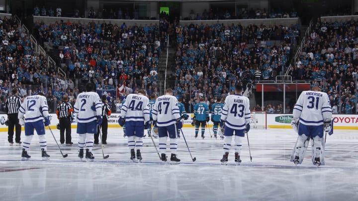 SAN JOSE, CA – OCTOBER 30: Patrick Marleau #12, Ron Hainsey #2, Morgan Rielly #44, Leo Komarov #47, Nazem Kadri #43 and Frederik Andersen #31 of the Toronto Maple Leafs. (Photo by Rocky W. Widner/NHL/Getty Images)