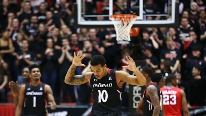 Mar 6, 2016; Cincinnati, OH, USA; Cincinnati Bearcats guard Troy Caupain (10) reacts to missing a shot against the Southern Methodist Mustangs in the first half at Fifth Third Arena. Mandatory Credit: Aaron Doster-USA TODAY Sports