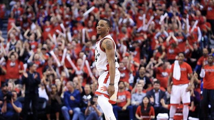 TORONTO, ON - MAY 01: Norman Powell #24 of the Toronto Raptors celebrates a three-pointer late in the second half of Game Seven of the Eastern Conference Quarterfinals against the Indiana Pacers during the 2016 NBA Playoffs at the Air Canada Centre on May 01, 2016 in Toronto, Ontario, Canada. (Photo by Vaughn Ridley/Getty Images) TORONTO, ON - MAY 01: Norman Powell #24 of the Toronto Raptors celebrates a three-pointer late in the second half of Game Seven of the Eastern Conference Quarterfinals against the Indiana Pacers during the 2016 NBA Playoffs at the Air Canada Centre on May 01, 2016 in Toronto, Ontario, Canada. (Photo by Vaughn Ridley/Getty Images)
