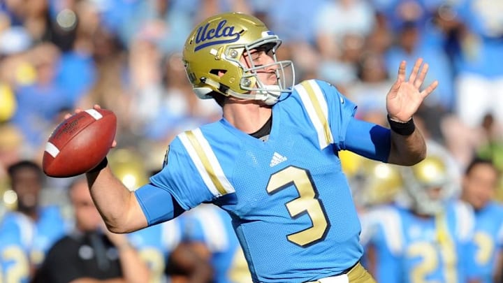 September 10, 2016; Pasadena, CA, USA; UCLA Bruins quarterback Josh Rosen (3) throws a pass against the UNLV Rebels during the first half at Rose Bowl. Mandatory Credit: Gary A. Vasquez-USA TODAY Sports