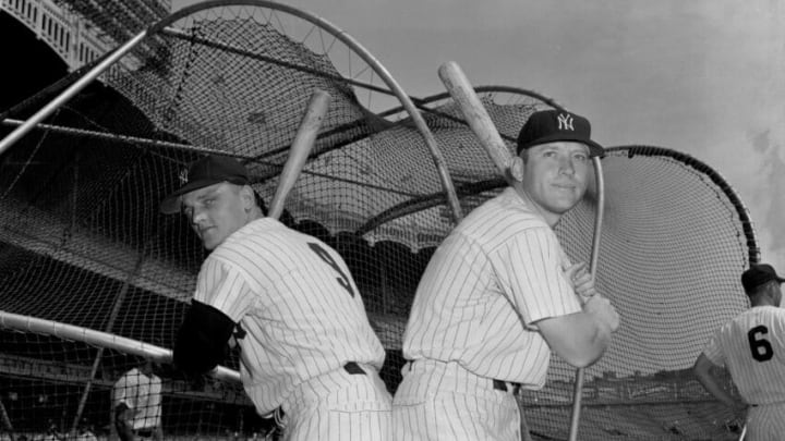 BRONX, NY - 1961: ( l to r) Outfielders Roger Maris and Mickey Mantle of the New York Yankees pose for a portrait prior to a game at Yankee Stadium in New York in 1961. (Olen Collection/Diamond Images/Getty Images)