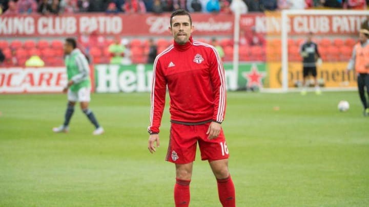 Sep 13, 2015; Toronto, Ontario, CAN; Toronto FC forward Herculez Gomez (16) warm ups before a game against the New England Revolution at BMO Field. The New England Revolution won 3-1. Mandatory Credit: Nick Turchiaro-USA TODAY Sports