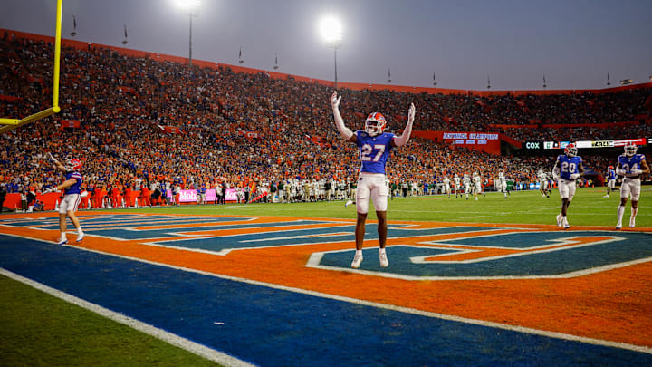 GAINESVILLE, FLORIDA – SEPTEMBER 23: Dijon Johnson #27 of the Florida Gators reacts during the first half of a game against the Charlotte 49ers at Ben Hill Griffin Stadium on September 23, 2023 in Gainesville, Florida. (Photo by James Gilbert/Getty Images)