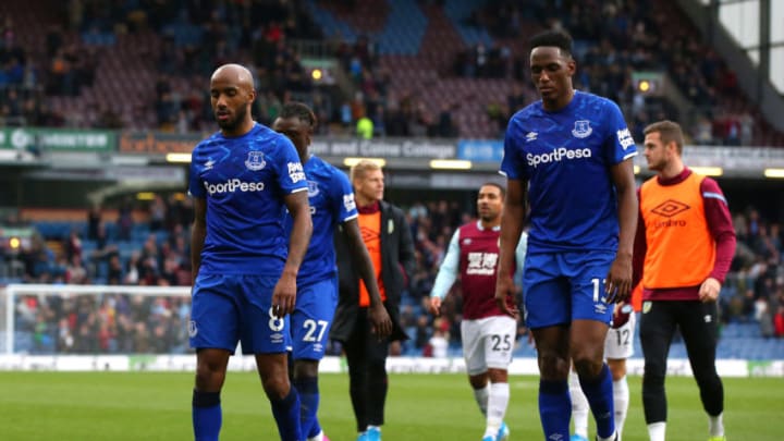 BURNLEY, ENGLAND - OCTOBER 05: Fabian Delph and Yerry Mina of Everton walk off dejected after the Premier League match between Burnley FC and Everton FC at Turf Moor on October 05, 2019 in Burnley, United Kingdom. (Photo by Alex Livesey/Getty Images)