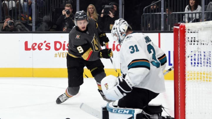 LAS VEGAS, NEVADA - SEPTEMBER 29: Martin Jones #31 of the San Jose Sharks saves a shot by Cody Glass #9 of the Vegas Golden Knights during the first period at T-Mobile Arena on September 29, 2019 in Las Vegas, Nevada. (Photo by David Becker/NHLI via Getty Images)