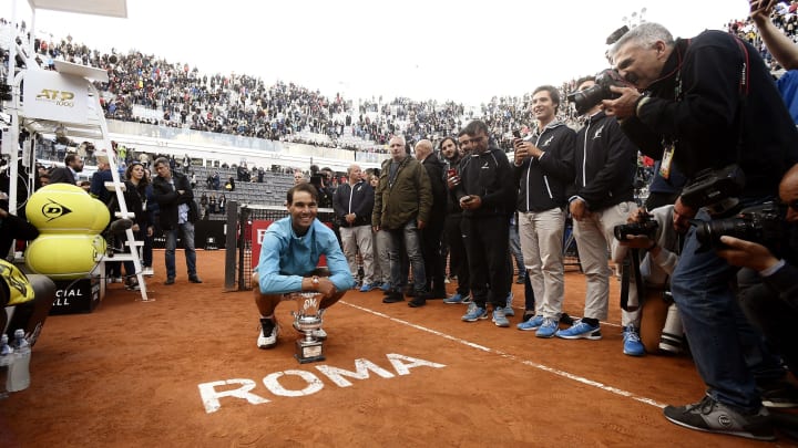 Rafael Nadal of Spain poses for photographers after winning against Novak Djokovic of Serbia during their ATP Masters tournament final tennis match at the Foro Italico in Rome on May 19, 2019. (Photo by Filippo MONTEFORTE / AFP) (Photo credit should read FILIPPO MONTEFORTE/AFP via Getty Images)