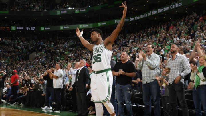 BOSTON, MA - MAY 9: Marcus Smart #36 of the Boston Celtics addresses the crowd during the game against the Philadelphia 76ers in Game Five of the Eastern Conference Semifinals of the 2018 NBA Playoffs on May 9, 2018 at TD Garden in Boston, Massachusetts. NOTE TO USER: User expressly acknowledges and agrees that, by downloading and or using this Photograph, user is consenting to the terms and conditions of the Getty Images License Agreement. Mandatory Copyright Notice: Copyright 2018 NBAE (Photo by Brian Babineau/NBAE via Getty Images)