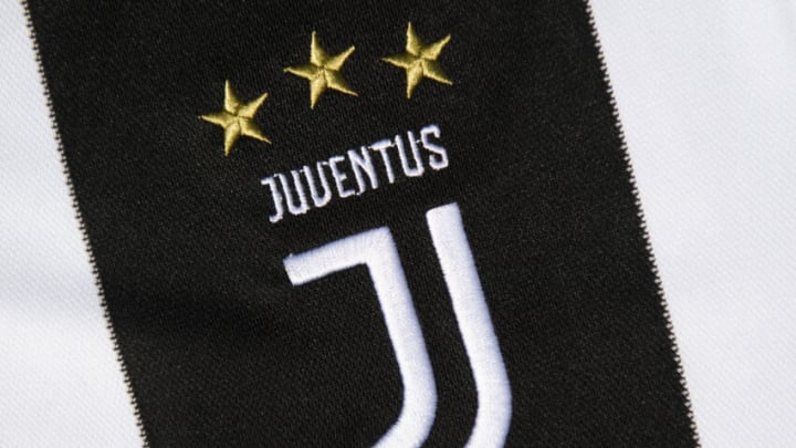 MANCHESTER, ENGLAND - MAY 06: The Juventus club crest on the first team home shirt displayed on May 6, 2020 in Manchester, England (Photo by Visionhaus)