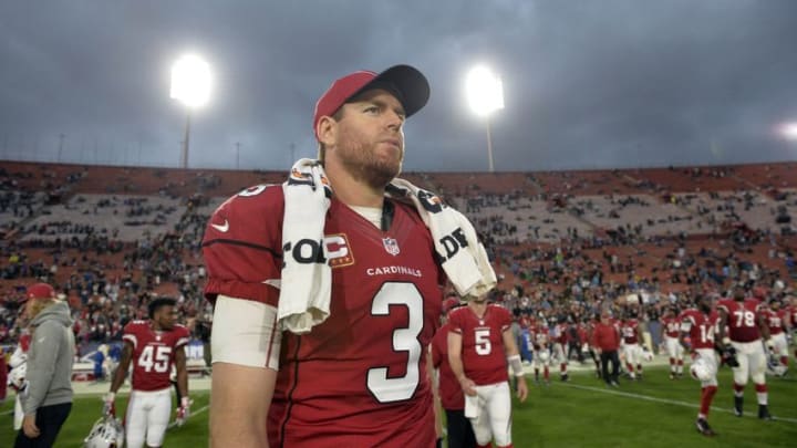 January 1, 2017; Los Angeles, CA, USA; Arizona Cardinals quarterback Carson Palmer (3) leaves the field following the 44-6 victory against the Los Angeles Rams at Los Angeles Memorial Coliseum. Mandatory Credit: Gary A. Vasquez-USA TODAY Sports