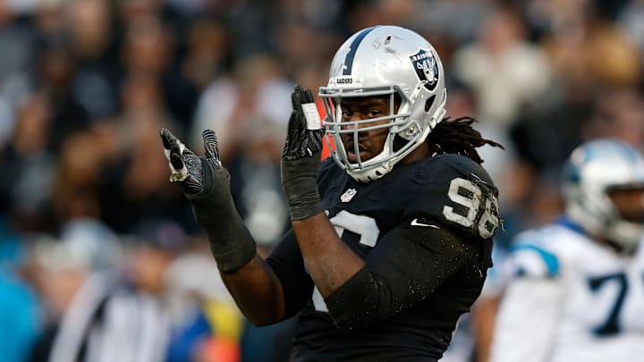 OAKLAND, CA – NOVEMBER 27: Denico Autry #96 of the Oakland Raiders reacts after a play against the Carolina Panthers during their NFL game on November 27, 2016 in Oakland, California. (Photo by Lachlan Cunningham/Getty Images)