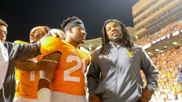 Sep 1, 2016; Knoxville, TN, USA; Tennessee Volunteers defensive back Todd Kelly Jr. (24) (right) and linebacker Jalen Reeves-Maybin (21) talk after their win against Appalachian State Mountaineers. Kelly was ejected in the first half at Neyland Stadium. Tennessee won 20-13. Mandatory Credit: Randy Sartin-USA TODAY Sports