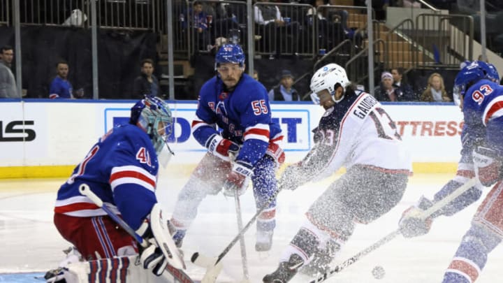 NEW YORK, NEW YORK - OCTOBER 23: Jaroslav Halak #41 of the New York Rangers makes the third period save on Johnny Gaudreau #13 of the Columbus Blue Jackets at Madison Square Garden on October 23, 2022 in New York City. The Blue Jackets defeated the Rangers 5-1. (Photo by Bruce Bennett/Getty Images)