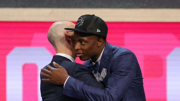 Jun 22, 2017; Brooklyn, NY, USA; OG Anunoby (Indiana) is introduced by NBA commissioner Adam Silver as the number twenty-three overall pick to the Toronto Raptors in the first round of the 2017 NBA Draft at Barclays Center. Mandatory Credit: Brad Penner-USA TODAY Sports