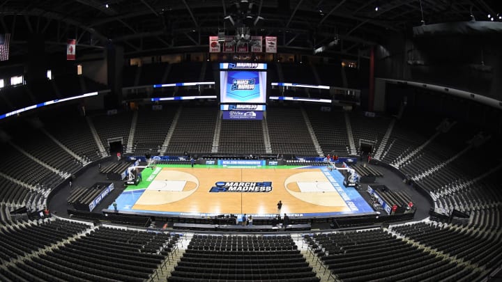 JACKSONVILLE, FL – MARCH 20: The NCAA March Madness logo on the floor (Photo by Mitchell Layton/Getty Images)