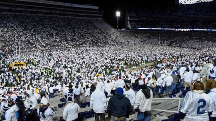 Oct 22, 2016; University Park, PA, USA; Penn State Nittany Lions fans celebrate their teams victory on the field against the Ohio State Buckeyes at Beaver Stadium. Penn State defeated Ohio State 24-21. Mandatory Credit: Rich Barnes-USA TODAY Sports