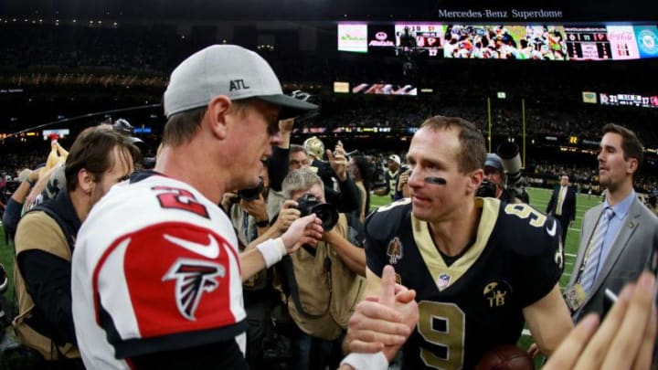 NEW ORLEANS, LOUISIANA - NOVEMBER 22: Matt Ryan #2 of the Atlanta Falcons and Drew Brees #9 of the New Orleans Saints shake hands at the end of a game at the Mercedes-Benz Superdome on November 22, 2018 in New Orleans, Louisiana. (Photo by Sean Gardner/Getty Images)