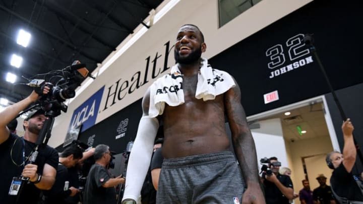 EL SEGUNDO, CA - SEPTEMBER 25: LeBron James of the Los Angeles Lakers laughs as he leaves the court after a Los Angeles Lakers practice session at the UCLA Health Training Center on September 25, 2018 in El Segundo, California. (Photo by Harry How/Getty Images)