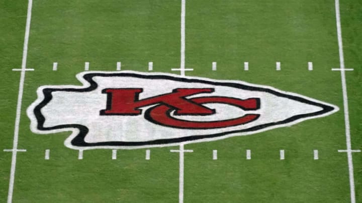 Oct 11, 2020; Kansas City, Missouri, USA; A general view of the Kansas City Chiefs logo at midfield at Arrowhead Stadium. Mandatory Credit: Kirby Lee-USA TODAY Sports