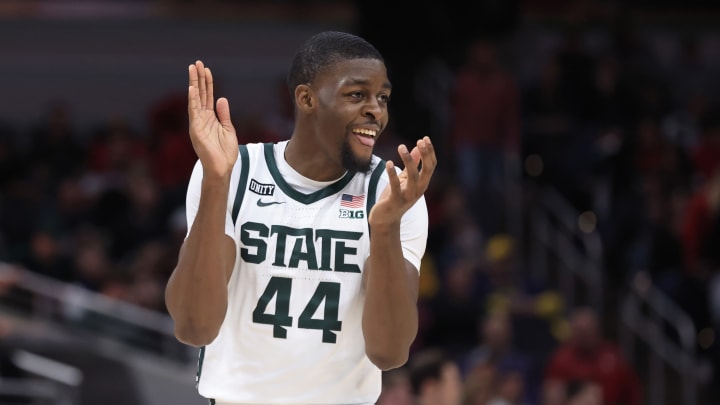INDIANAPOLIS, INDIANA – MARCH 10: Gabe Brown #44 of the Michigan State Spartans reacts after a play in the game against the Maryland Terrapins during the first half during the Big Ten Tournament at Gainbridge Fieldhouse on March 10, 2022 in Indianapolis, Indiana. (Photo by Justin Casterline/Getty Images)