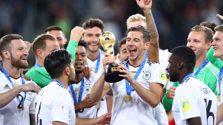 SAINT PETERSBURG, RUSSIA - JULY 02: Leon Goretzka of Germany lifts the FIFA Confederations Cup trophy after the FIFA Confederations Cup Russia 2017 Final between Chile and Germany at Saint Petersburg Stadium on July 2, 2017 in Saint Petersburg, Russia. (Photo by Buda Mendes/Getty Images)