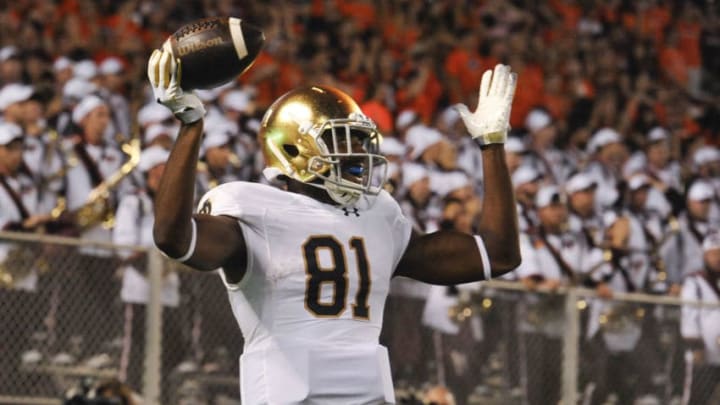 BLACKSBURG, VA - OCTOBER 6: Wide receiver Miles Boykin #81 of the Notre Dame Fighting Irish celebrates his touchdown reception against the Virginia Tech Hokies in the second half at Lane Stadium on October 6, 2018 in Blacksburg, Virginia. (Photo by Michael Shroyer/Getty Images)