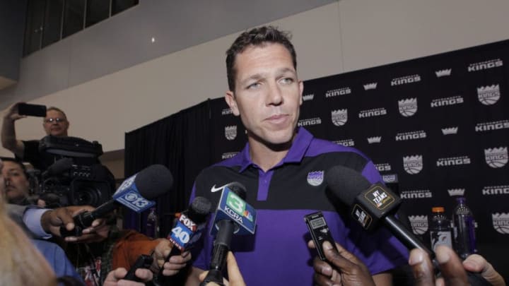 SACRAMENTO, CA - APRIL 15 : Vlade Divac introduces Luke Walton as the new Head Coach of the Sacramento Kings at a press conference on April 15, 2019 at the Golden 1 Center in Sacramento, California. NOTE TO USER: User expressly acknowledges and agrees that, by downloading and/or using this Photograph, user is consenting to the terms and conditions of the Getty Images License Agreement. Mandatory Copyright Notice: Copyright 2019 NBAE (Photo by Rocky Widner/NBAE via Getty Images)