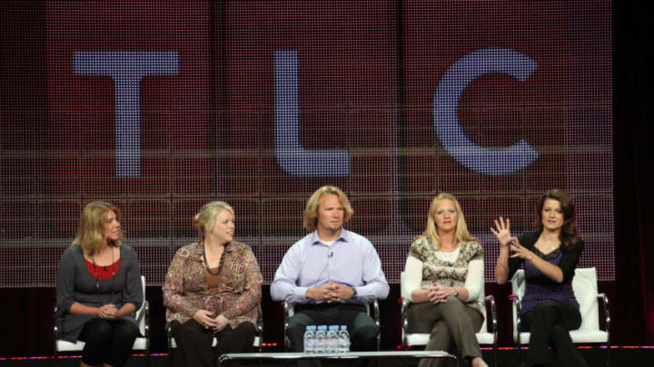 BEVERLY HILLS, CA - AUGUST 06: TV personalities Meri Brwon, Janelle Brown, Kody Brown, Christine Brown and Robyn Brown speak duinrg the "Sister Wives" panel during the Discovery Communications portion of the 2010 Summer TCA pres tour held at the Beverly Hilton Hotel on August 6, 2010 in Beverly Hills, California. (Photo by Frederick M. Brown/Getty Images)
