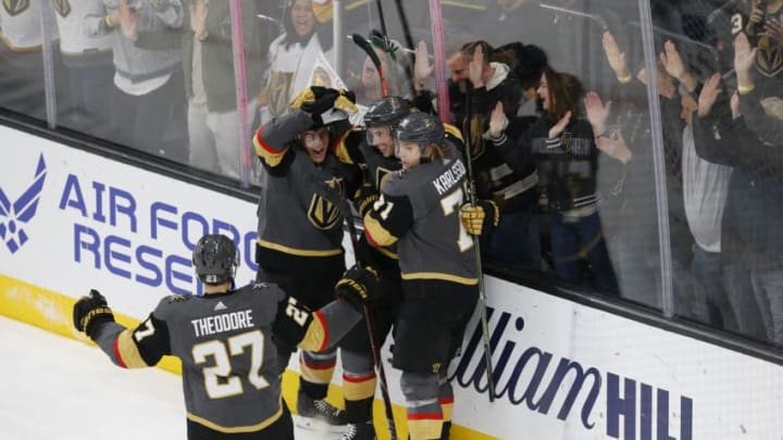LAS VEGAS, NV - FEBRUARY 28: Vegas Golden Knights right wing Reilly Smith (19) celebrates with teammates after scoring a goal against the Florida Panthers during a regular season game Thursday, Feb. 28, 2019, at T-Mobile Arena in Las Vegas, NV. (Photo by Marc Sanchez/Icon Sportswire via Getty Images)