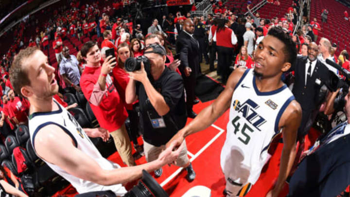 HOUSTON, TX – MAY 2: Joe Ingles #2 and Donovan Mitchell #45 of the Utah Jazz exchange a handshake after Game Two of Round Two of the 2018 NBA Playoffs against the Houston Rockets on May 2, 2018 at Toyota Center in Houston, TX. NOTE TO USER: User expressly acknowledges and agrees that, by downloading and or using this Photograph, user is consenting to the terms and conditions of the Getty Images License Agreement. Mandatory Copyright Notice: Copyright 2018 NBAE (Photo by Andrew D. Bernstein/NBAE via Getty Images)