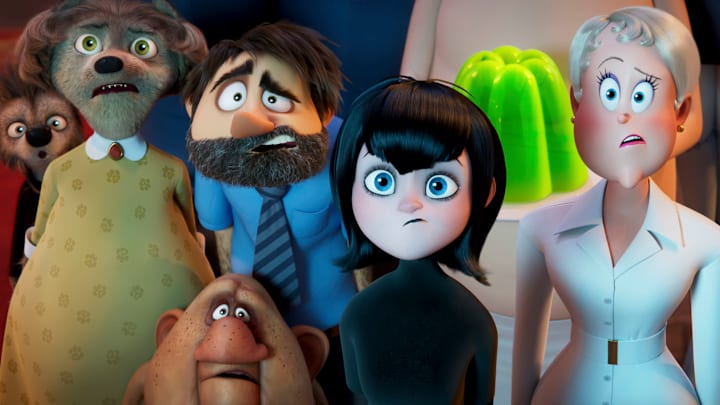 Wanda (Molly Shannon), Wayne (Steve Buscemi), Murray (Keegan-Michael Key), Mavis (Selena Gomez), Blobby, and Ericka (Kathryn Hahn) in Columbia Pictures’ HOTEL TRANSYLVANIA: TRANSFORMANIA.