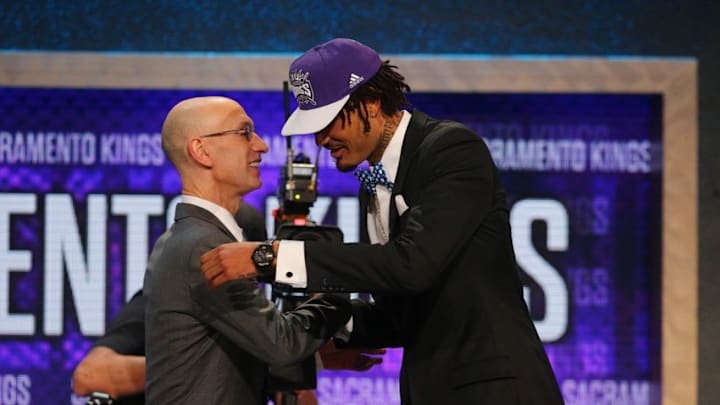 Jun 25, 2015; Brooklyn, NY, USA; Willie Cauley-Stein (Kentucky) greets NBA commissioner Adam Silver after being selected as the number six overall pick to the Sacramento Kings in the first round of the 2015 NBA Draft at Barclays Center. Mandatory Credit: Brad Penner-USA TODAY Sports