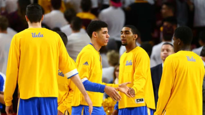 Feb 23, 2017; Tempe, AZ, USA; UCLA Bruins guard Lonzo Ball (center) greets teammates against the Arizona State Sun Devils at Wells-Fargo Arena. Mandatory Credit: Mark J. Rebilas-USA TODAY Sports