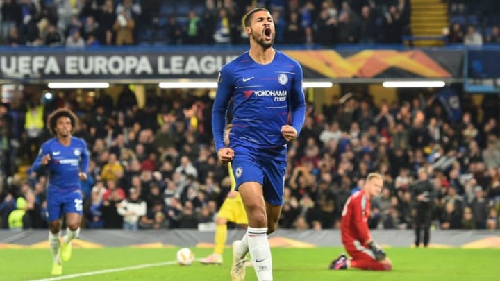 Chelsea's English midfielder Ruben Loftus-Cheek celebrates scoring the opening goal during the UEFA Europa League Group L football match between Chelsea and Bate Borisov at Stamford Bridge in London on October 25, 2018. (Photo by Glyn KIRK / AFP) (Photo credit should read GLYN KIRK/AFP/Getty Images)