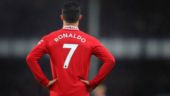 LIVERPOOL, ENGLAND - OCTOBER 09: Cristiano Ronaldo of Manchester United looks on during the Premier League match between Everton FC and Manchester United at Goodison Park on October 09, 2022 in Liverpool, England. (Photo by James Gill - Danehouse/Getty Images)