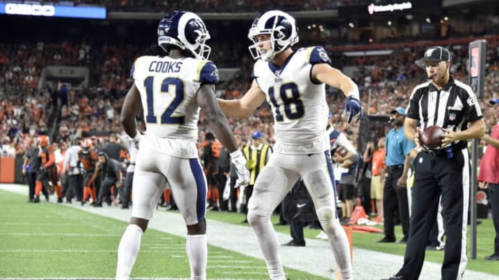 CLEVELAND, OHIO – SEPTEMBER 22: wide receiver Brandin Cooks #12 celebrates with teammate wide receiver Cooper Kupp #18 of the Los Angeles Rams after Kupp scored during the fourth quarter against the Cleveland Browns at FirstEnergy Stadium on September 22, 2019 in Cleveland, Ohio. (Photo by Jason Miller/Getty Images)