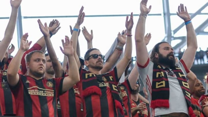 ATLANTA, GA AUGUST 04: Atlanta United fans cheer during the match between Atlanta United and Toronto FC on August 4th, 2018 at Mercedes-Benz Stadium in Atlanta, GA. Atlanta United FC and Toronto FC played to a 2 2 draw. (Photo by Rich von Biberstein/Icon Sportswire via Getty Images)