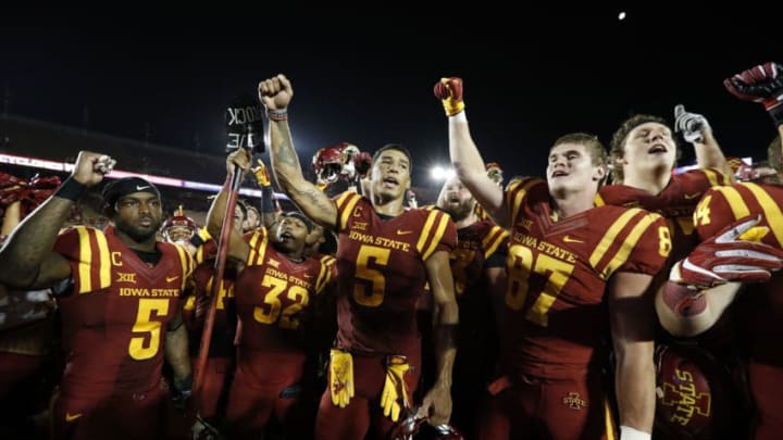 AMES, IA - SEPTEMBER 2: defensive back Kamari Cotton-Moya #5, David Montgomery #32, wide receiver Allen Lazard #5 , and tight end Sam Harms #87 of the Iowa State Cyclones celebrate with teammates after winning 42-24 over the Northern Iowa Panthers in the second half of play at Jack Trice Stadium on September 2, 2017 in Ames, Iowa. The Iowa State Cyclones won 42-24 over the Northern Iowa Panthers. (Photo by David Purdy/Getty Images)