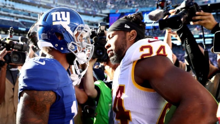 EAST RUTHERFORD, NJ - SEPTEMBER 25: Odell Beckham #13 of the New York Giants and Josh Norman #24 of the Washington Redskins exchange words after the game at MetLife Stadium on September 25, 2016 in East Rutherford, New Jersey. (Photo by Al Bello/Getty Images)