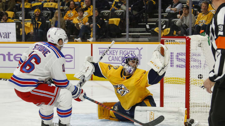 NASHVILLE, TENNESSEE – NOVEMBER 02: Ryan Strome #16 of the New York Rangers scores a goal against goalie Juuse Saros #74 of the Nashville Predators during the second period at Bridgestone Arena on November 02, 2019 in Nashville, Tennessee. (Photo by Frederick Breedon/Getty Images)