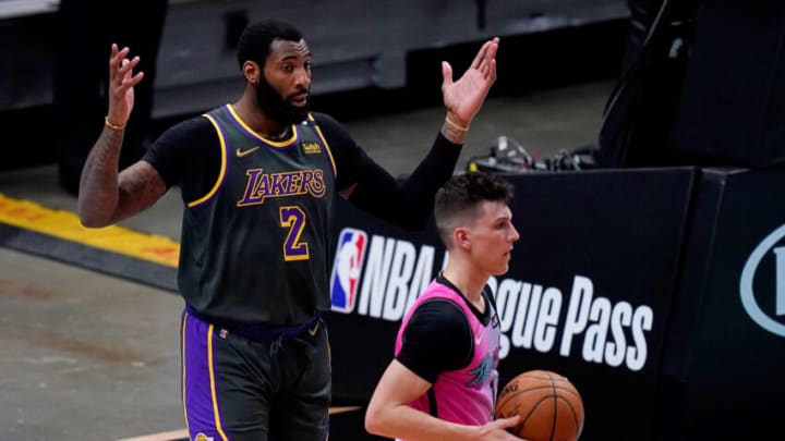 Los Angeles Lakers center Andre Drummond (2) reacts after fouling Miami Heat guard Tyler Herro (14)(Jasen Vinlove-USA TODAY Sports)