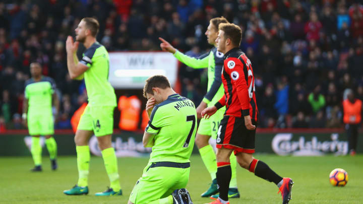 BOURNEMOUTH, ENGLAND – DECEMBER 04: James Milner of Liverpool (7) reacts as he concedes a penalty during the Premier League match between AFC Bournemouth and Liverpool at Vitality Stadium on December 4, 2016 in Bournemouth, England. (Photo by Michael Steele/Getty Images)