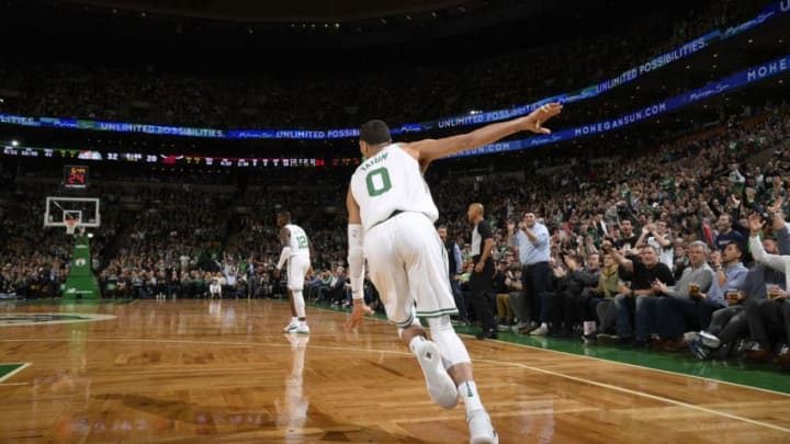 BOSTON, MA - DECEMBER 20: Jayson Tatum #0 of the Boston Celtics reacts during game against the Miami Heat on December 20, 2017 at the TD Garden in Boston, Massachusetts. NOTE TO USER: User expressly acknowledges and agrees that, by downloading and or using this photograph, User is consenting to the terms and conditions of the Getty Images License Agreement. Mandatory Copyright Notice: Copyright 2017 NBAE (Photo by Brian Babineau/NBAE via Getty Images)