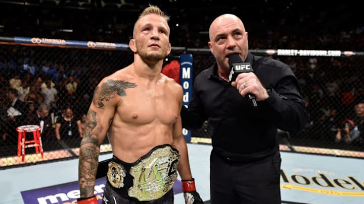 LOS ANGELES, CA - AUGUST 04: TJ Dillashaw is interviewed by Joe Rogan after his knockout victory over Cody Garbrandt in their UFC bantamweight championship fight during the UFC 227 event inside Staples Center on August 4, 2018 in Los Angeles, California. (Photo by Jeff Bottari/Zuffa LLC/Zuffa LLC via Getty Images)