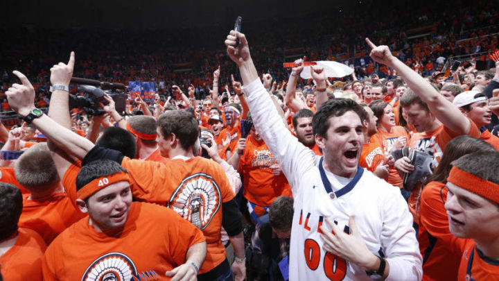 CHAMPAIGN, IL - FEBRUARY 7: Illinois Fighting Illini fans storm the floor after the game against the Indiana Hoosiers at Assembly Hall on February 7, 2013 in Champaign, Illinois. Illinois defeated No. 1 ranked Indiana 74-72. (Photo by Joe Robbins/Getty Images)