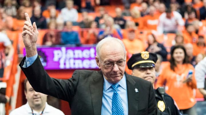 SYRACUSE, NY - FEBRUARY 04: Head coach Jim Boeheim of the Syracuse Orange acknowledges the cheering crowd before the game against the Virginia Cavaliers on February 4, 2017 at The Carrier Dome in Syracuse, New York. (Photo by Brett Carlsen/Getty Images) SYRACUSE, NY - FEBRUARY 04: Head coach Jim Boeheim of the Syracuse Orange acknowledges the cheering crowd before the game against the Virginia Cavaliers on February 4, 2017 at The Carrier Dome in Syracuse, New York. (Photo by Brett Carlsen/Getty Images)